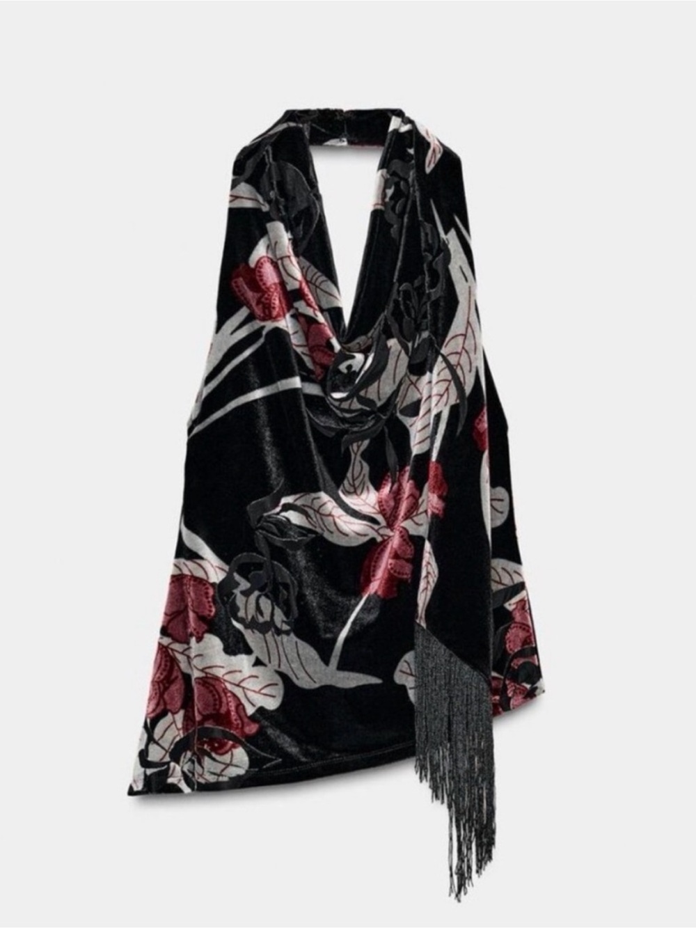 Zara Floral Velvet Halter Top with Attached Fringe Scarf